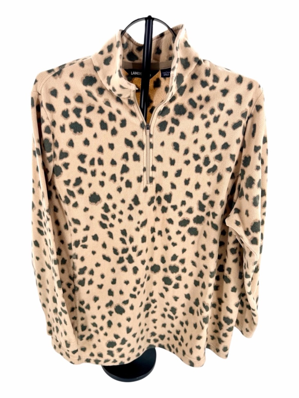 Lands End Leopard Print Fleece Pullover 1X Quarter Zip Cozy Plus Size